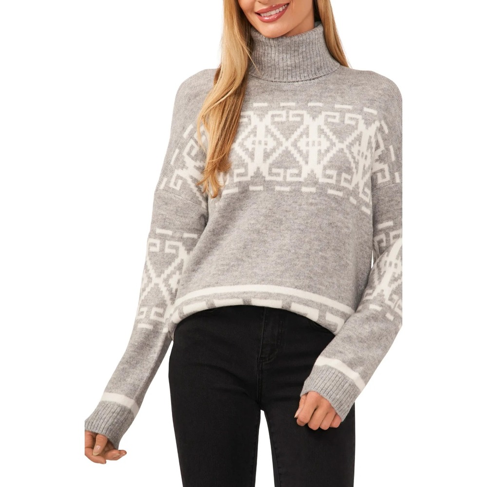 NWT CeCe Fair Isle Turtleneck Sweater S Light Heather Gray Nordic Pullover